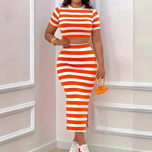 Fashionable Elegant Style All match Casual Striped Short sleeved Top Slim Skirt Suit White Orange - Shop at LoveMi