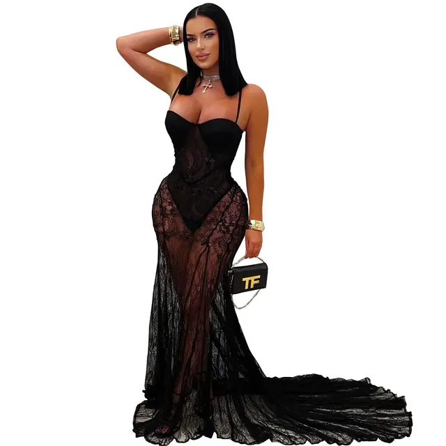 Fashion Women's Wear Sexy Sling Lace See through Dress Black - Shop at LoveMi