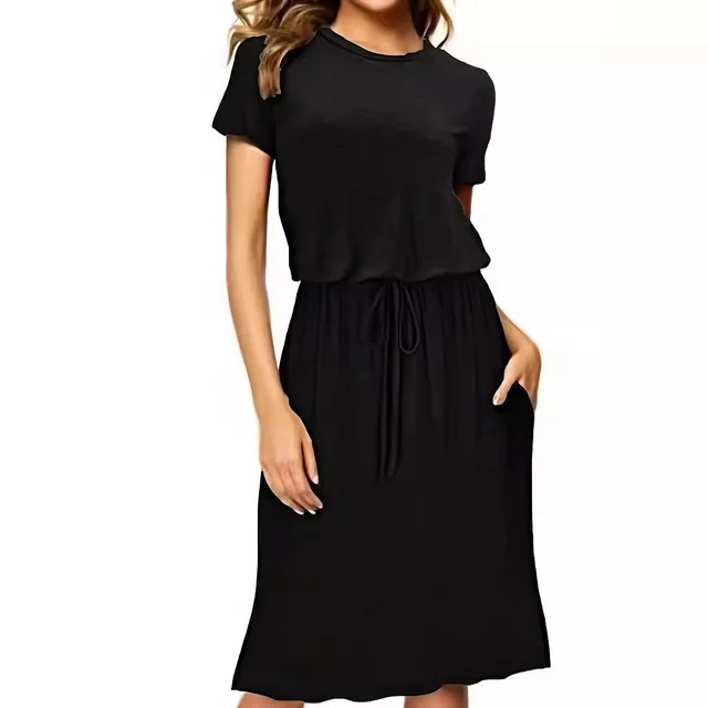 Waist tight Pure Color Split Irregular Crew Neck Dress Black - Shop at LoveMi