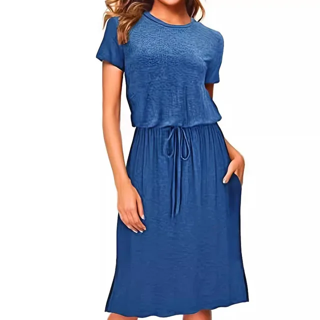 Waist tight Pure Color Split Irregular Crew Neck Dress Blue - Shop at LoveMi