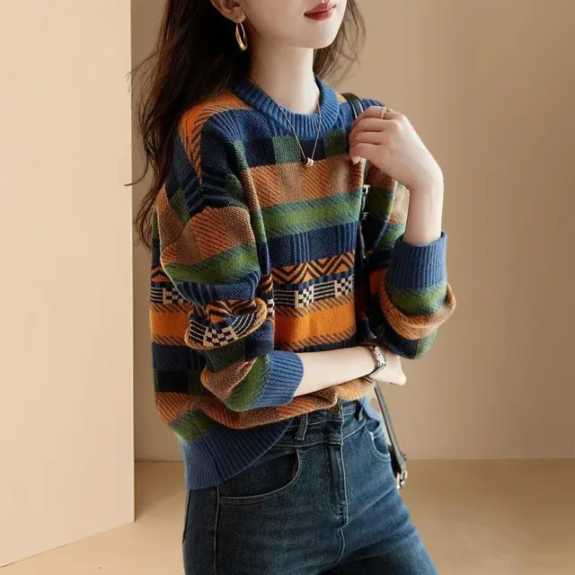 Contrast Color Long Sleeves Knitwear Sweater Coat Blue - Shop at LoveMi