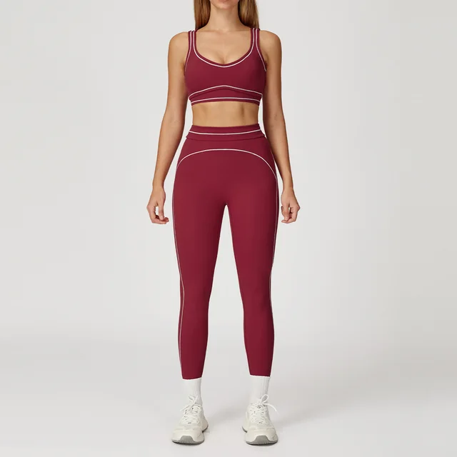 Contrast Color Brushed Yoga Suit Double shoulder Strap High grade Sports Workout Clothes Cherry Red - Shop at LoveMi