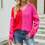 Women's Casual Contrast Color Leopard Print V-neck Fashion Pullover Sweater - Red