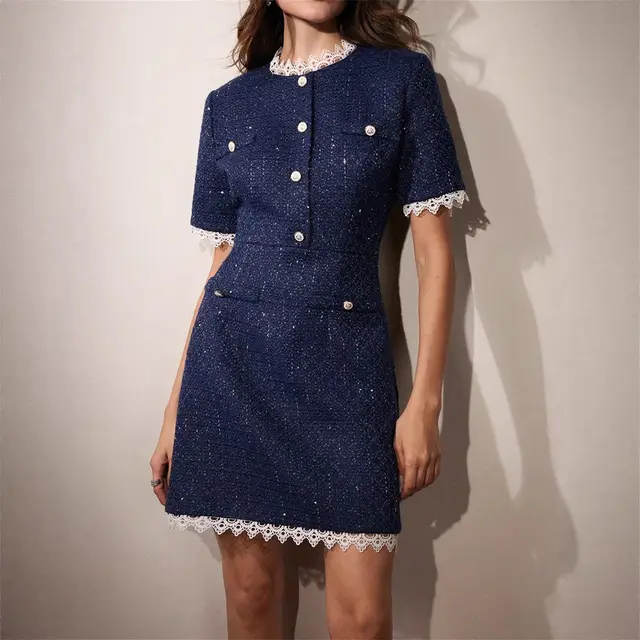 Lace Thin And Glittering Buttons Classic Style Slim Fit Dress Dark Blue - Shop at LoveMi