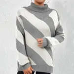 Female Casual Contrast Color Diagonal Stripes Turtleneck Pullover - Gray And White Stripes