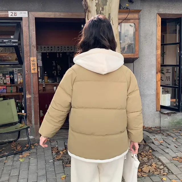 Contrast Color Thick Warm Korean Casual Cotton padded Jacket Khaki - Shop at LoveMi
