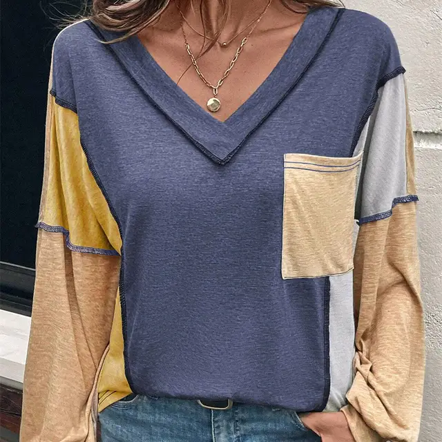 Women's Loose Colorblock Round Neck Long Sleeve T shirt Blue - Shop at LoveMi