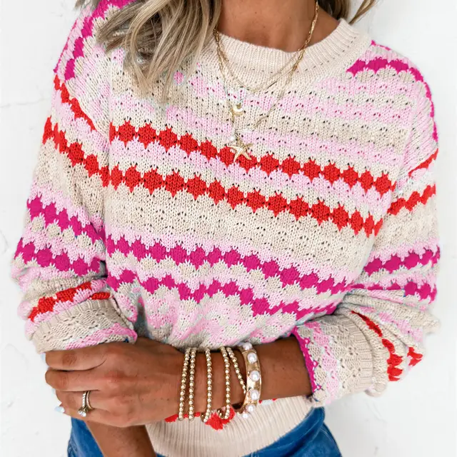 Women's Loose Contrast Color Striped Round Neck Pullover Sweater Pink - Shop at LoveMi