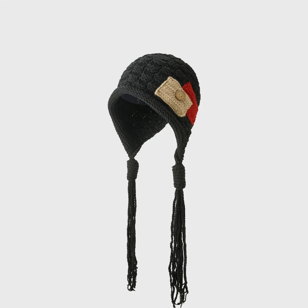 Style Tassel Warm Ear Protection Woolen Cap - Black