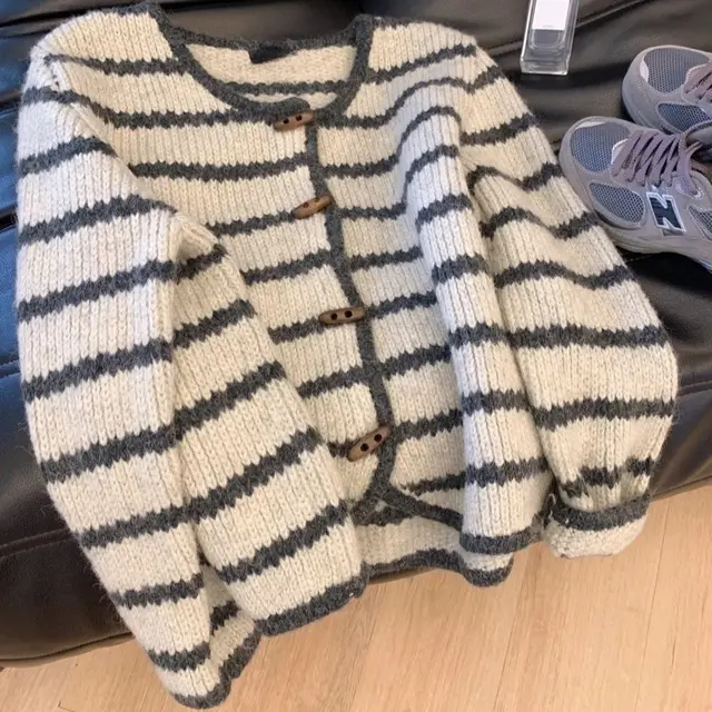 Women's Horn Button Vintage Stripe Knitwear Coat Apricot - Shop at LoveMi