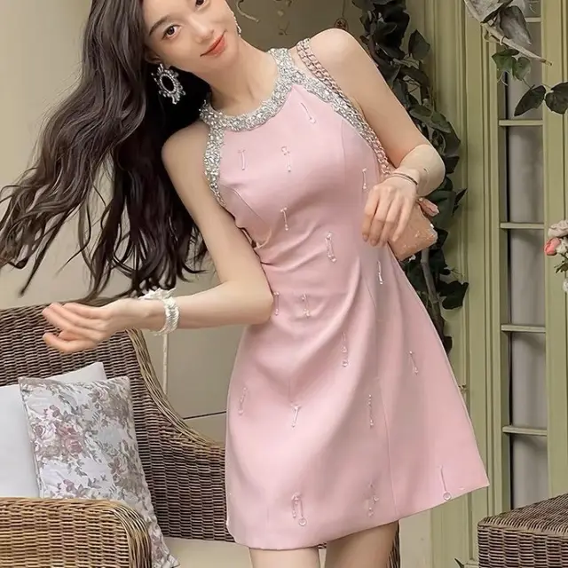 Heavy Industry Tassel Sleeveless Dress Female Summer Pink - Shop at LoveMi