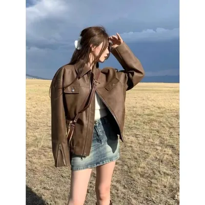 Women's Casual American Retro Solid Color Loose Leather Coat Brown - Shop at LoveMi