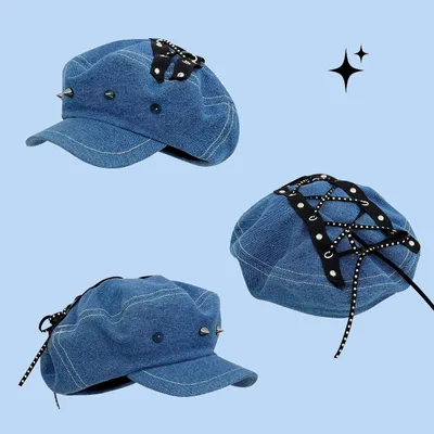 Denim Octagonal Cap Women's New All match Plain Face Fashion Small Face Smalt - Shop at LoveMi