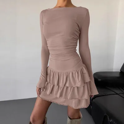 Autumn And Winter Solid Color Slim Fit Slimming Temperament Long Sleeve Dress Khaki - Shop at LoveMi