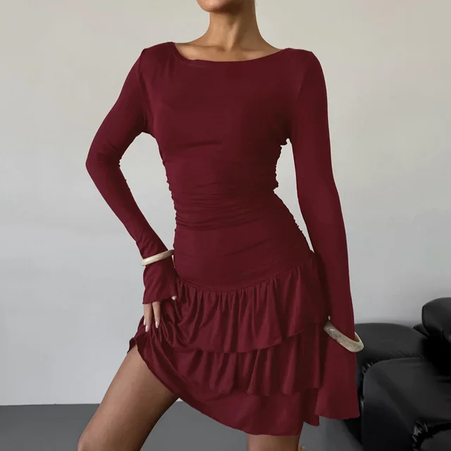 Autumn And Winter Solid Color Slim Fit Slimming Temperament Long Sleeve Dress Red - Shop at LoveMi