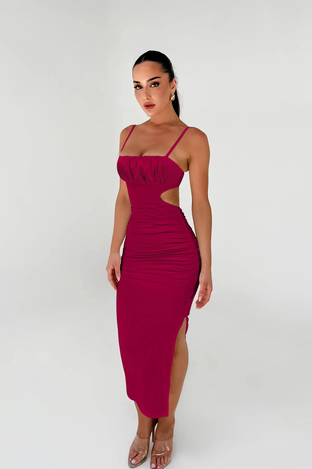 Sexy Backless Ruffle Hip Side Slit Long Dress - Wine Red