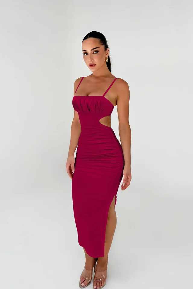 Sexy Backless Ruffle Hip Side Slit Long Dress Wine Red - Shop at LoveMi