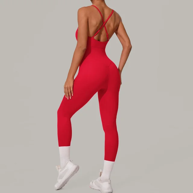 Women's Solid Color Casual Cross Back Summer Jumpsuit Red - Shop at LoveMi