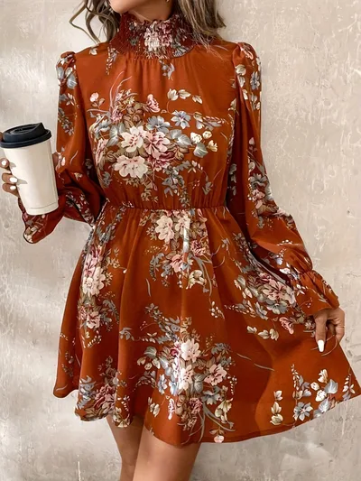 Chiffon Floral Ruffle Sleeve Dress Women G41020 Amber - Shop at LoveMi