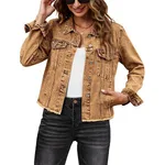 Female Solid Color Casual Embossed Denim Jacket Button Top - Brown