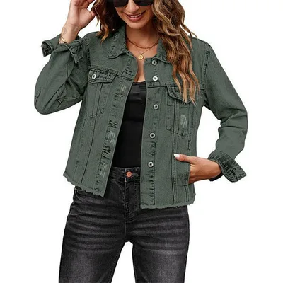 Female Solid Color Casual Embossed Denim Jacket Button Top Green - Shop at LoveMi