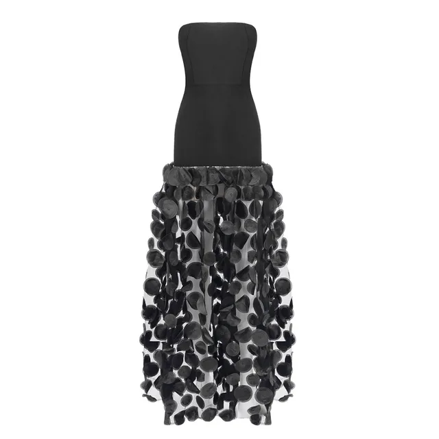 Black And White Tube Top Three dimensional Flower Pettiskirt Dinner Dress All Black - Shop at LoveMi