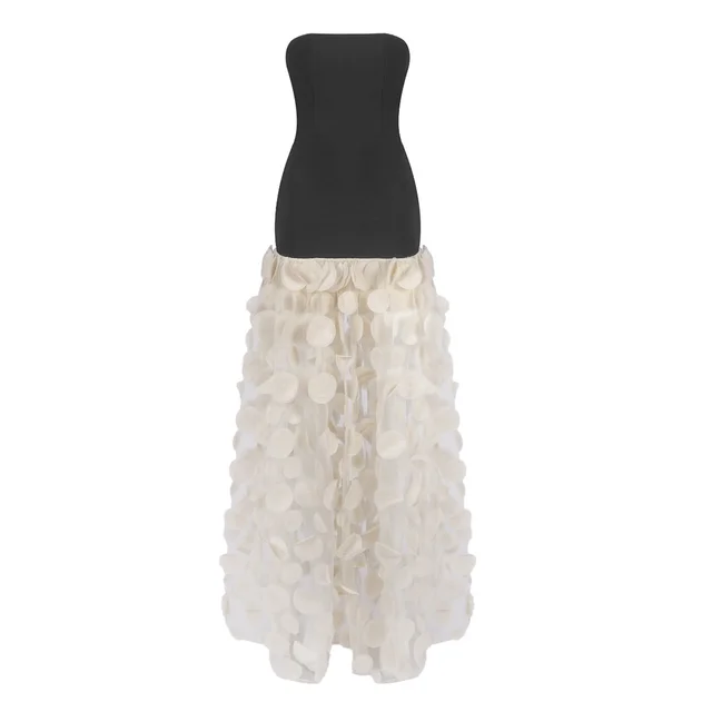 Black And White Tube Top Three dimensional Flower Pettiskirt Dinner Dress Black Apricot - Shop at LoveMi