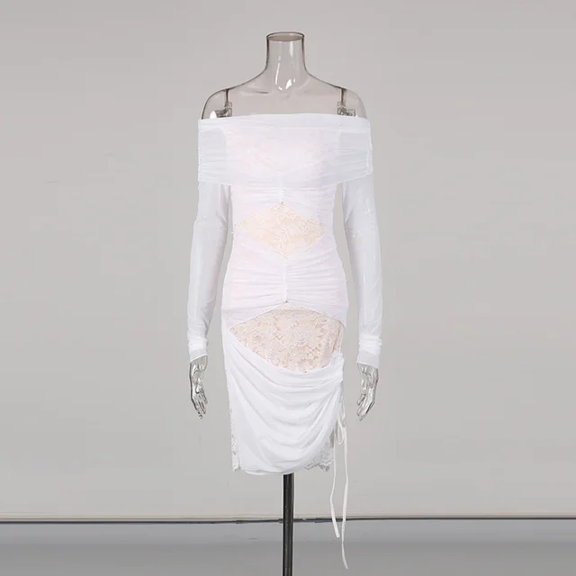 Off shoulder Design Slim fit Solid Color Dress White - Shop at LoveMi