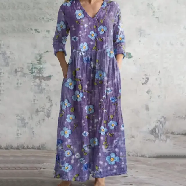 Women's Purple Floral V Neck Midi Dress Purple - Shop at LoveMi