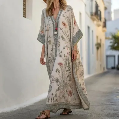 Long Sleeve Kaftan Linen Vacation Maxi Dress Tan - Shop at LoveMi