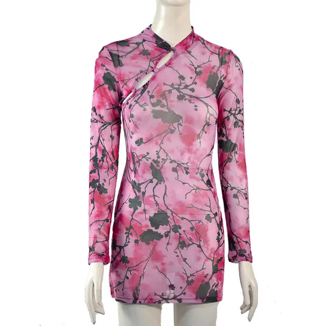 European And American Tight Skirt Sexy Mesh Floral Print Hip Skirt Rose Red - Shop at LoveMi