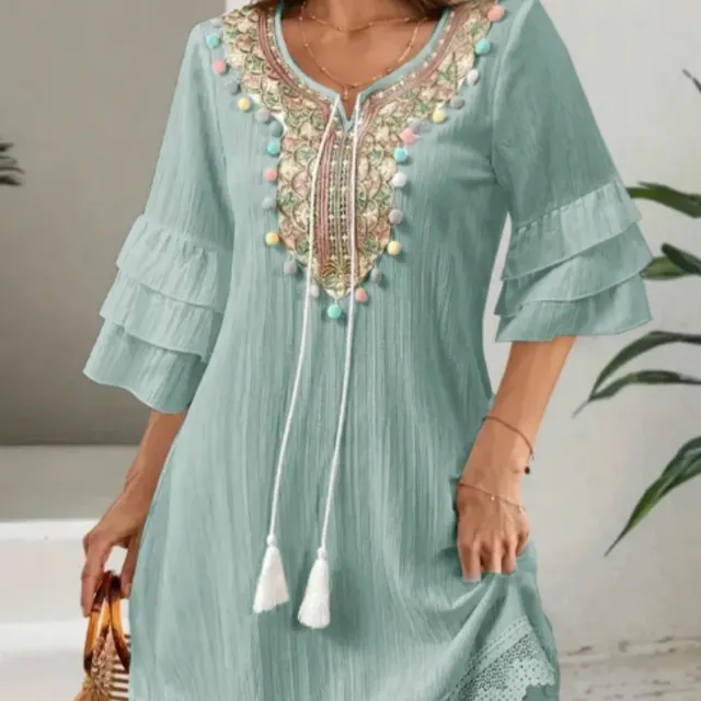 Women's Embroidered V neck Tassel Lotus Leaf Sleeve Vacation Beach Dress Green - Shop at LoveMi