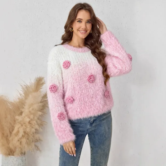 Round Neck Loose Three dimensional Flower Gradient Sweater Pink - Shop at LoveMi
