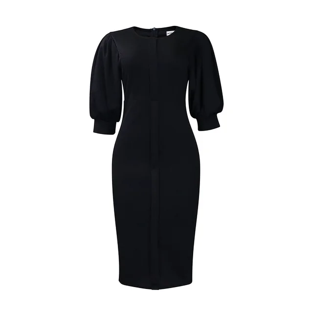 Puff Sleeve Temperament Sheath Plus Size Dress Black - Shop at LoveMi