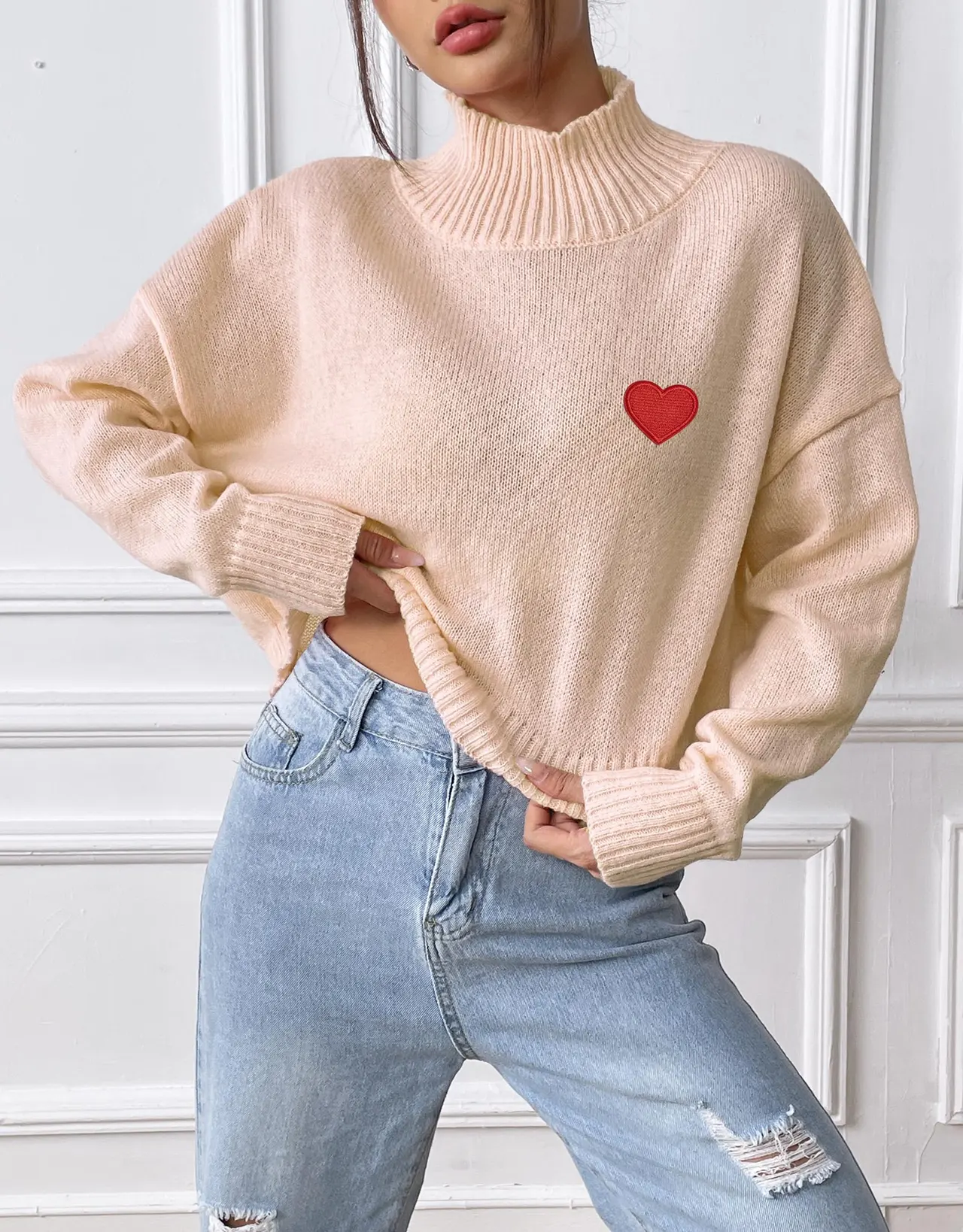 European And American Women's Clothing Turtleneck Pullover Loose - Apricot
