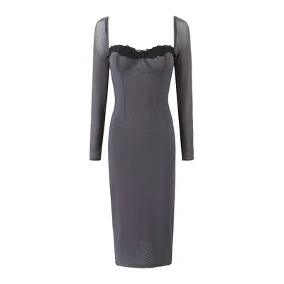 Summer New Sweet Lace Mid length Dress Gray Grey - Shop at LoveMi