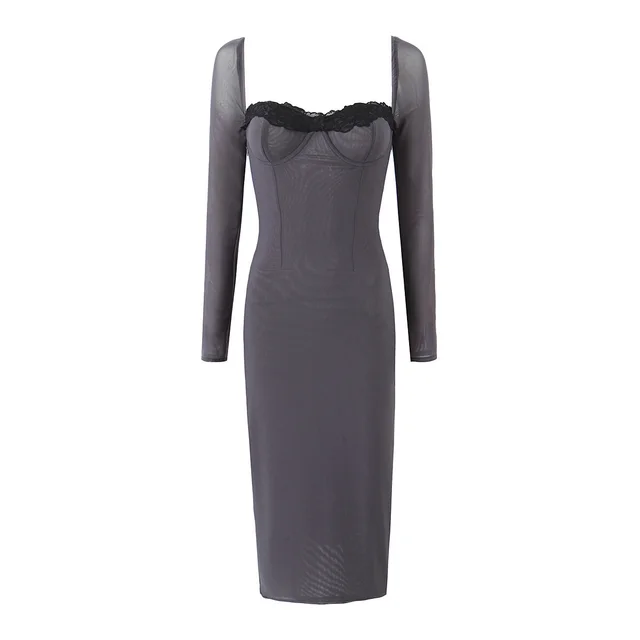 Summer New Sweet Lace Mid length Dress Gray Grey - Shop at LoveMi