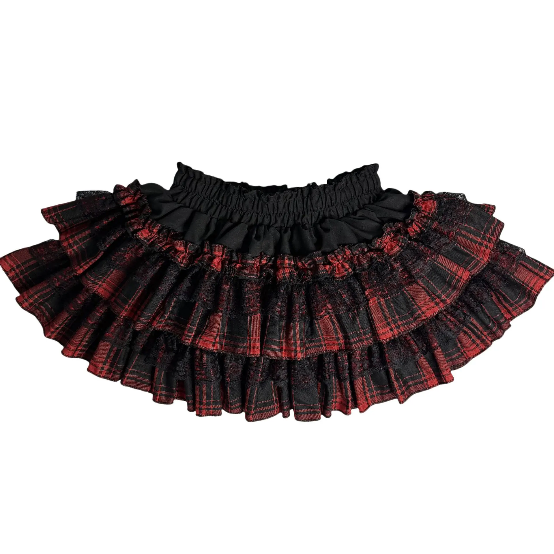 Dark Yabi Sweet Cool Punk Black Red Grace Puffy Cake Skirt With Lining - Red
