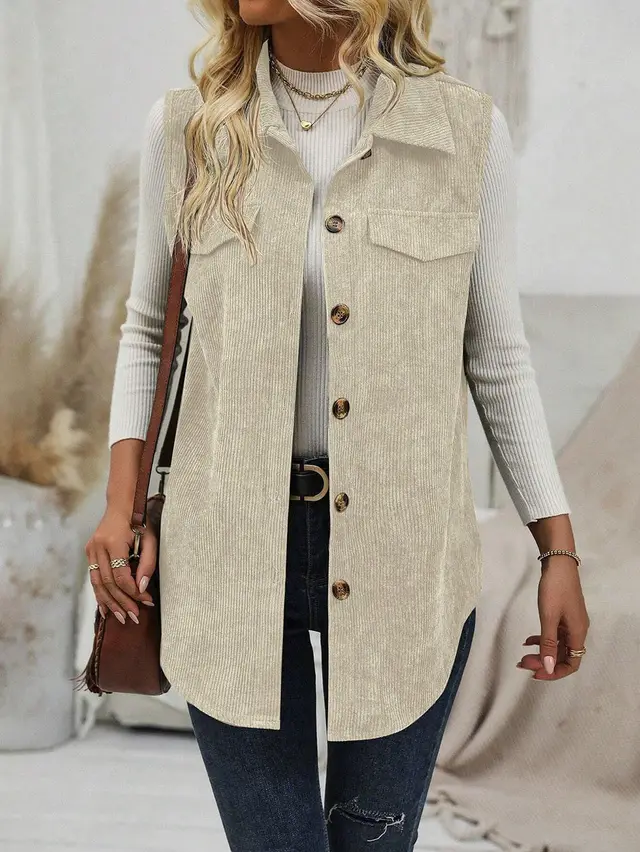 Leisure Commute Corduroy Women's Vest Lapel Cardigan Apricot - Shop at LoveMi