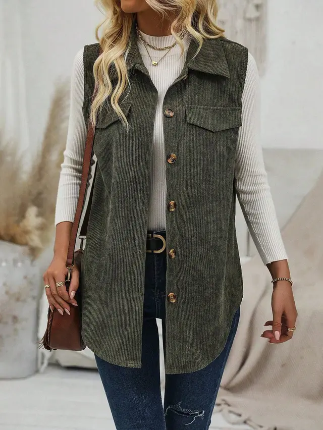 Leisure Commute Corduroy Women's Vest Lapel Cardigan Army Green - Shop at LoveMi