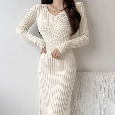 Hip Skirt Long Sleeve Knitted Dress Women Apricot - Shop at LoveMi