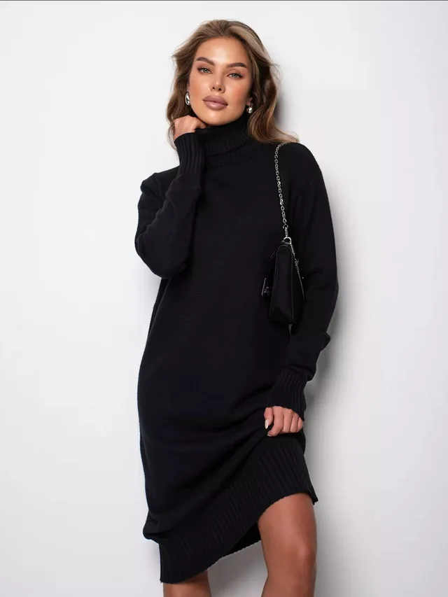 Women's High Collar Loose Inner Solid Color Knitted Dress Black - Shop at LoveMi