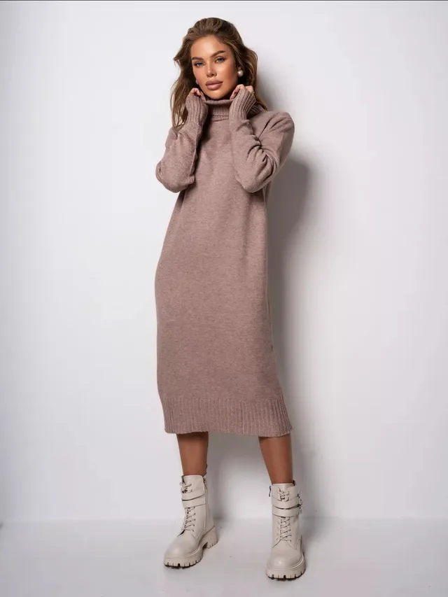Women's High Collar Loose Inner Solid Color Knitted Dress - Camel