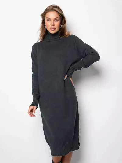 Women's High Collar Loose Inner Solid Color Knitted Dress Dark Gray - Shop at LoveMi