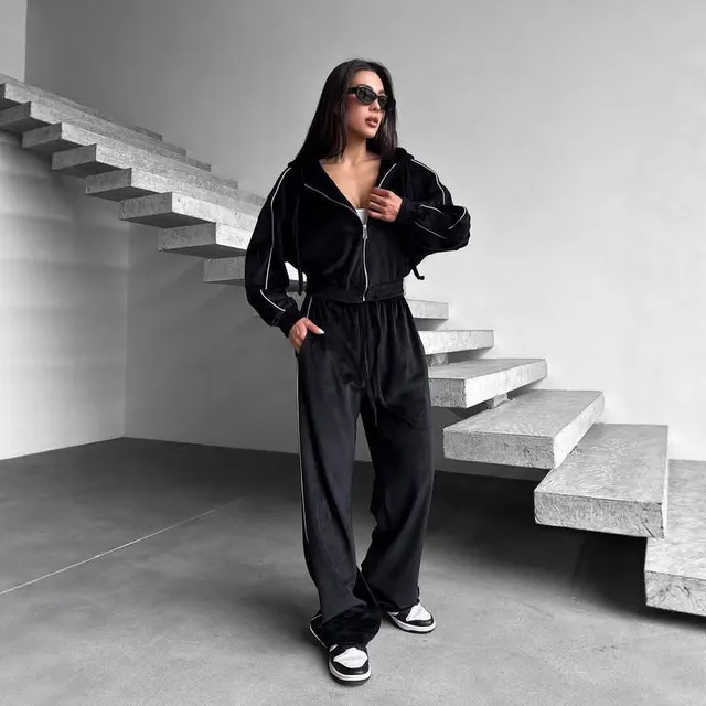 Women's Casual Velvet Hooded Cardigan Coat Wide leg Pants Sports Suit Black - Shop at LoveMi