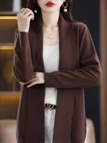 Fashion Cardigan Mid-length Lapel Outer Long-sleeves Sweater - Coffee
