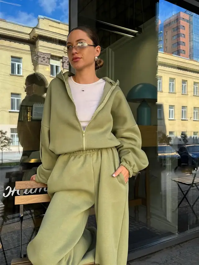 Women's Casual Solid Color Long sleeved Zipper Sweater Wide leg Pants Sports Suit Army Green - Shop at LoveMi