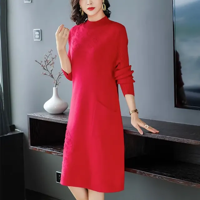 Knitted Dress Women's Bottoming Shirt Inner Wear Woolen Skirt Red - Shop at LoveMi
