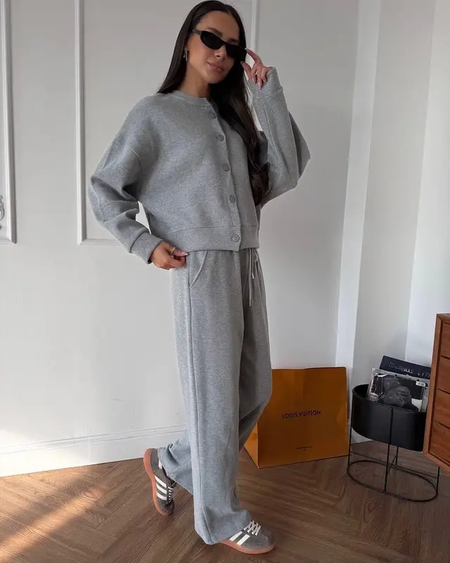 Thin O neck Short Sweater Suit Women's Casual Gray - Shop at LoveMi