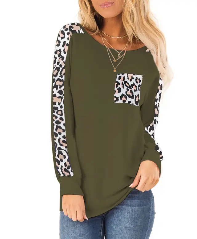 Long Sleeve Leopard Splicing Top Pocket Round Neck Pullover Dark Army Green - Shop at LoveMi